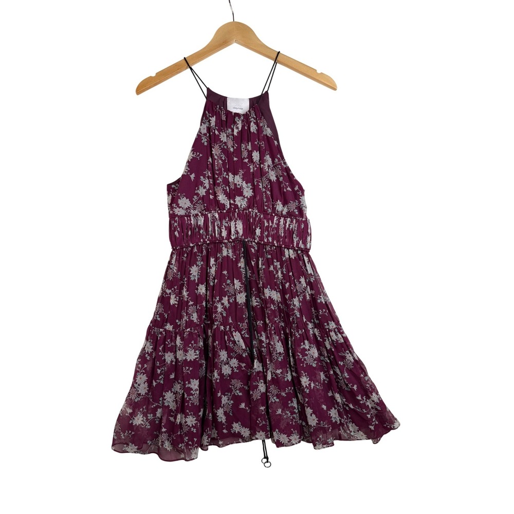 Cinq a Sept Floral Print Ruffle Tiered Halter Neckline Mini Dress size Small Red